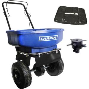 imageChapin 81008A Made in USA 80Pound Residential Ice Melt and Salt Spreader Front and Side Baffles 10quot Tires UShaped Flipup Handle Steel Frame Enclosed Gear Box BlueSpreader