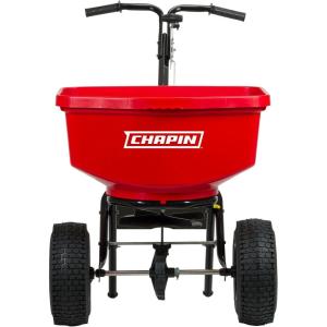 imageChapin 8303C Made in the USA 100 lb Contractor Turf Broadcast Spreader with Enclosed Gears System Rugged Powder Coated Steel Frame 12 Inch Tire Includes Rain Cover and Grate RedRed